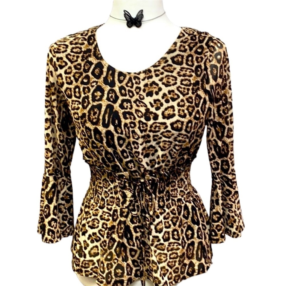 Ember Corset Style Tie Waist Cheetah Blouse